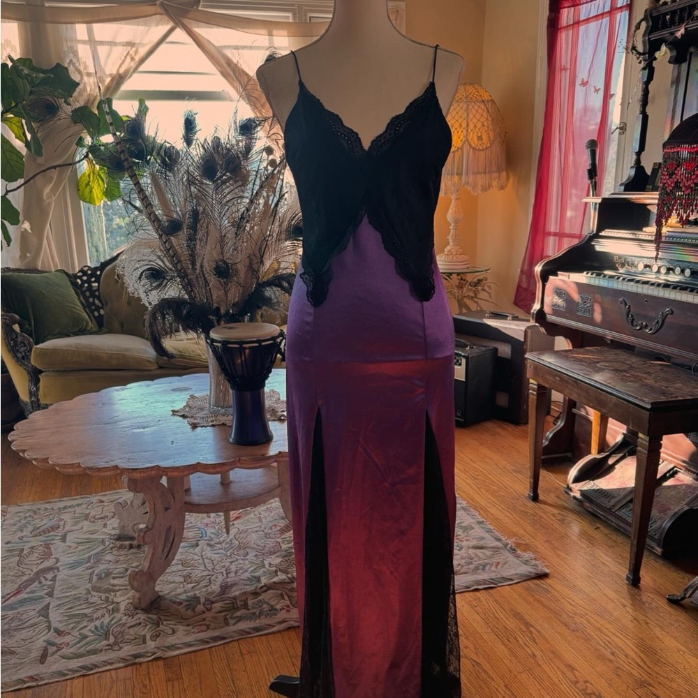 1990s inspired goth purple and black lace slip dress